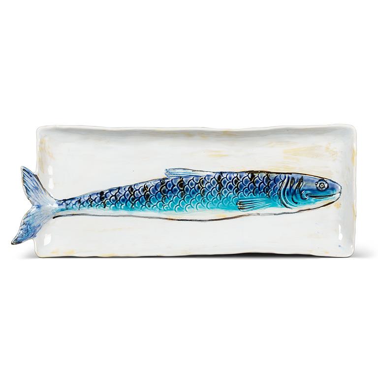 long ceramic fish serving plate blue yellow coastal rectangular dish