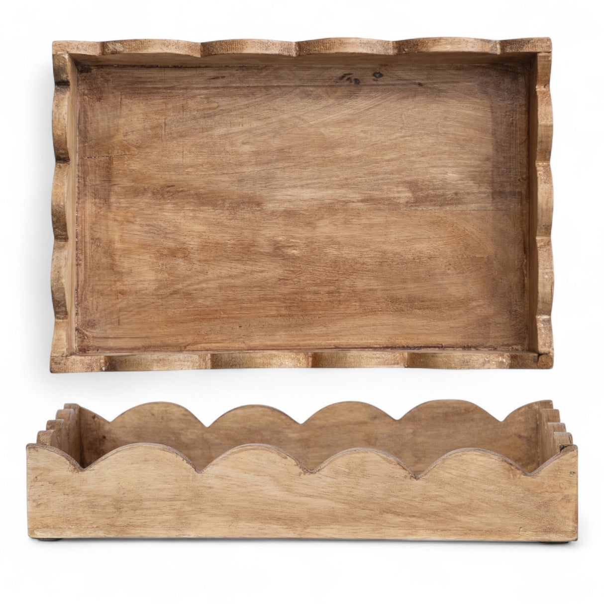 Natural mango wood tray with scalloped edge, 12 inches long