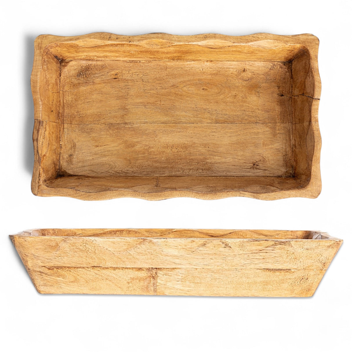 Natural mango wood scalloped tray with hand-carved edges, 15.5 x 9.5 inches