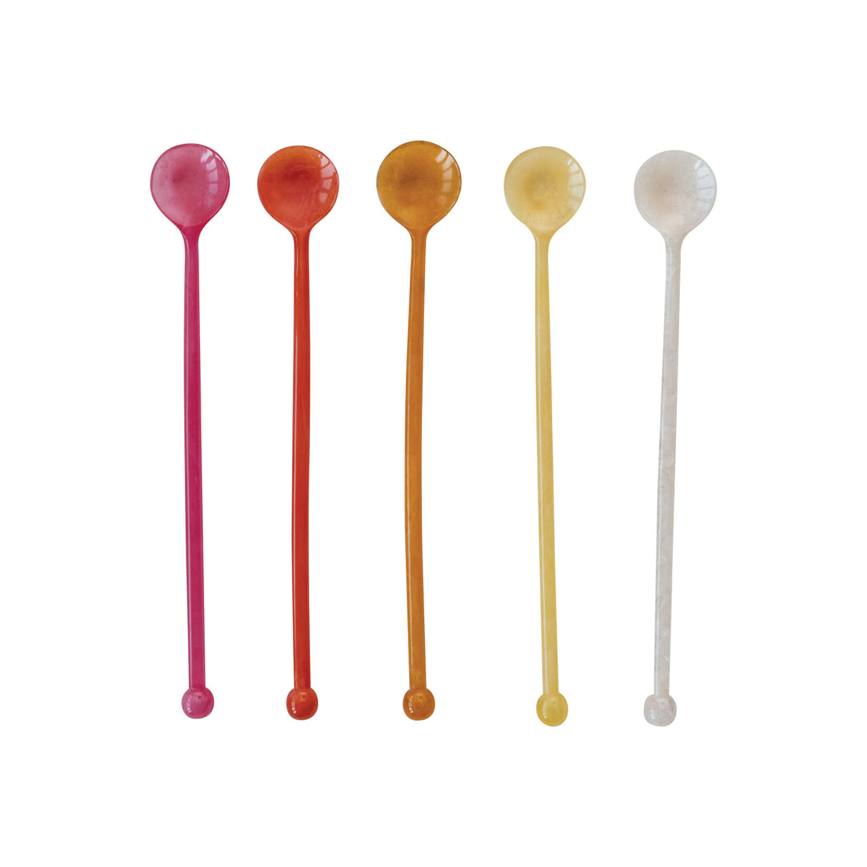 Marbled resin cocktail spoons in five vibrant colors, ideal for mixing drinks or stirring beverages.