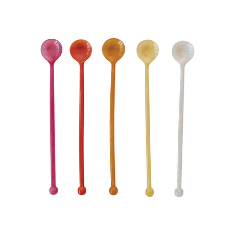 Marbled resin cocktail spoons in five vibrant colors, ideal for mixing drinks or stirring beverages.