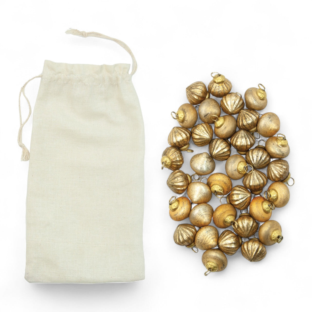 Set of 36 matte antique gold mercury glass ornaments in muslin bag