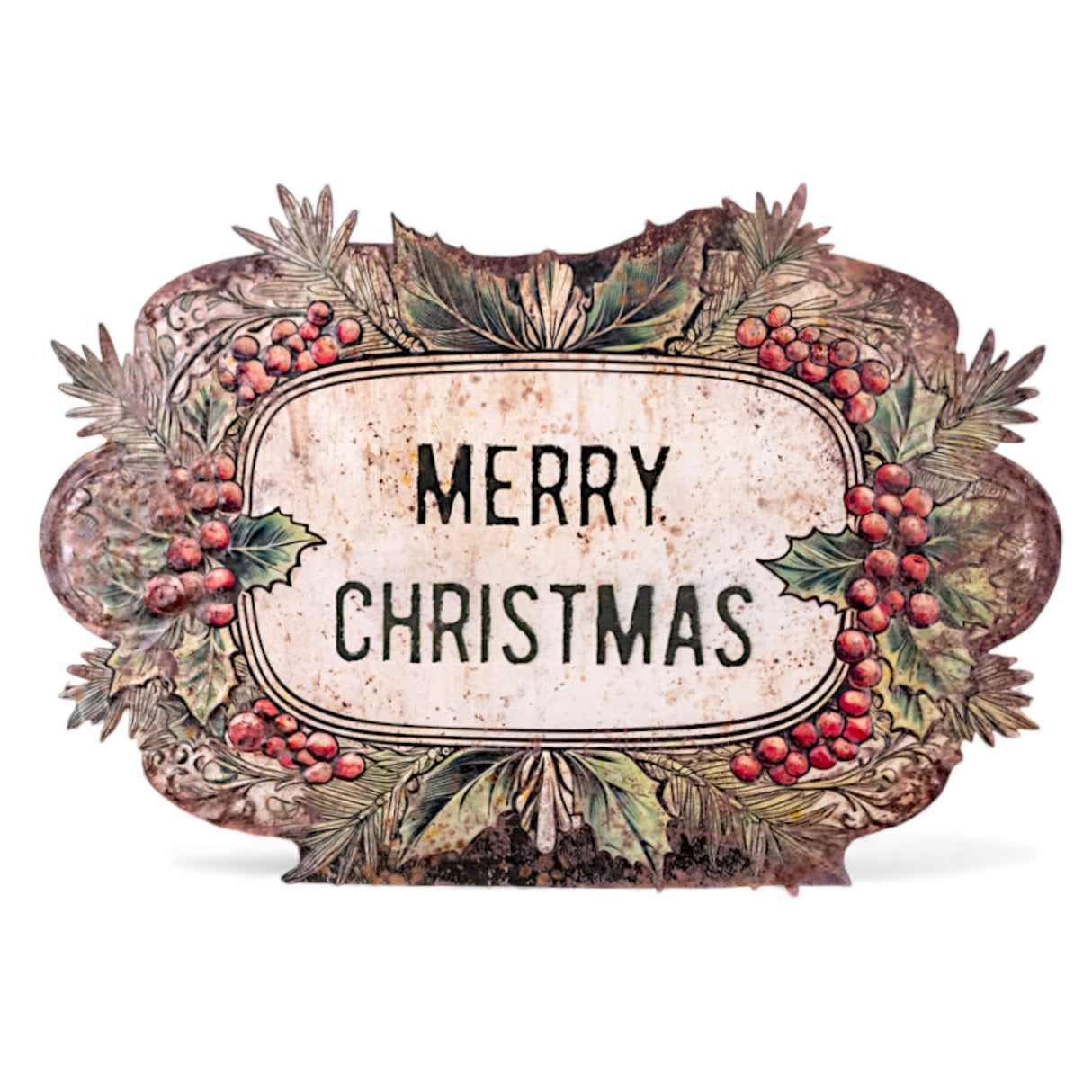 Oversized Merry Christmas metal dummy board with holly and berry artwork in a distressed vintage style