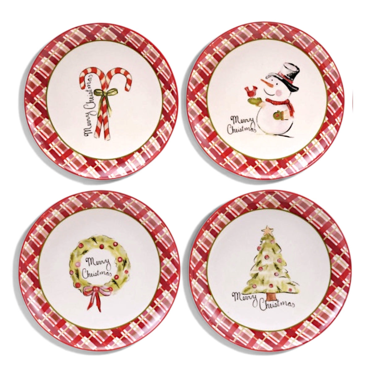 Four ceramic plates with red plaid borders and Merry Christmas lettering featuring candy canes, a snowman, a wreath, and a Christmas tree