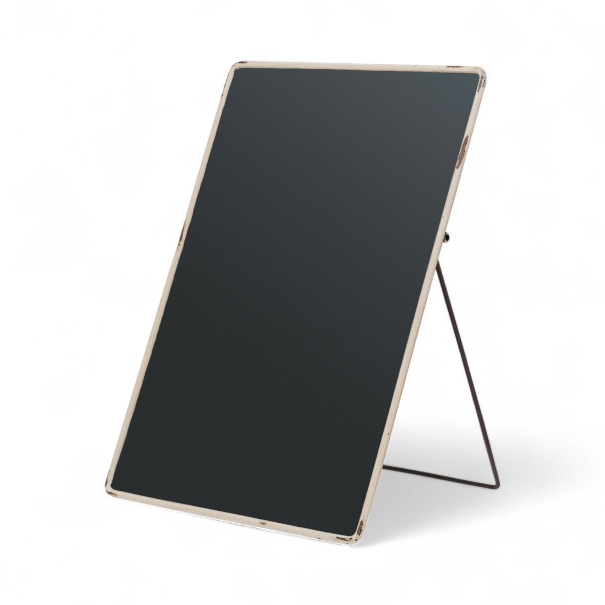 Distressed metal framed chalkboard with yellow finish and easel stand, 8x12 inches