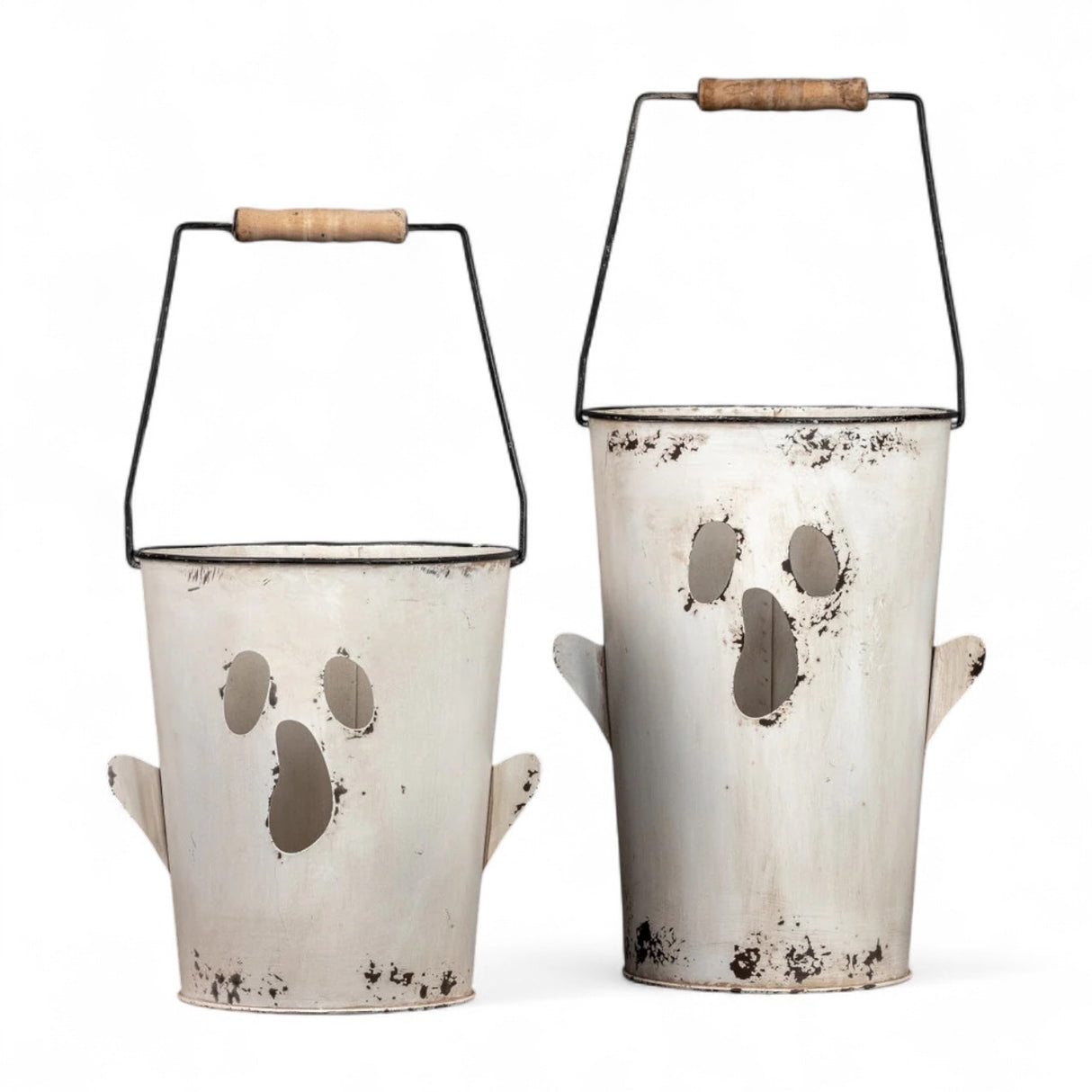 Two metal ghost buckets with distressed finish and wooden handles in different sizes