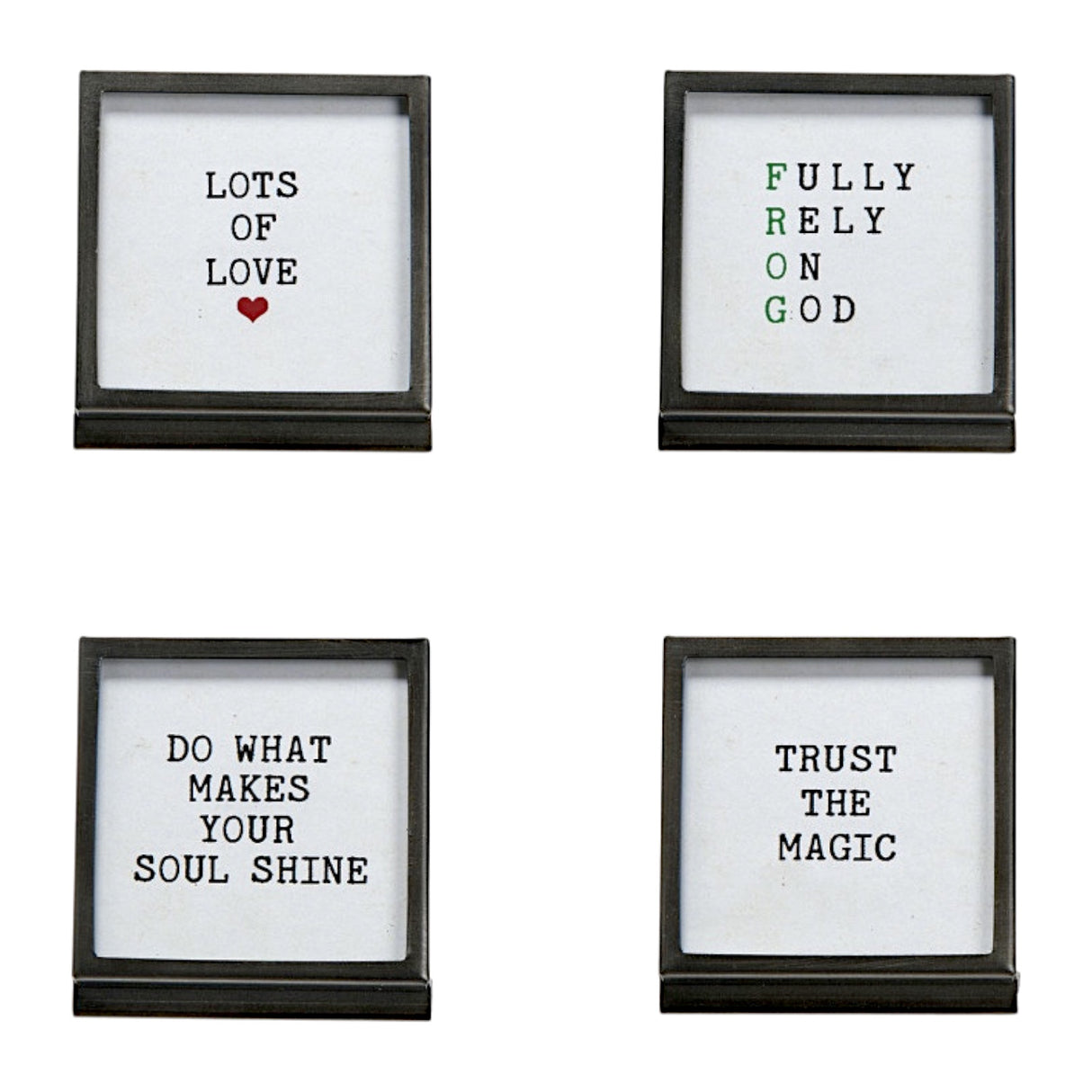 3-inch square metal and glass easel frame with inspirational saying, gunmetal finish