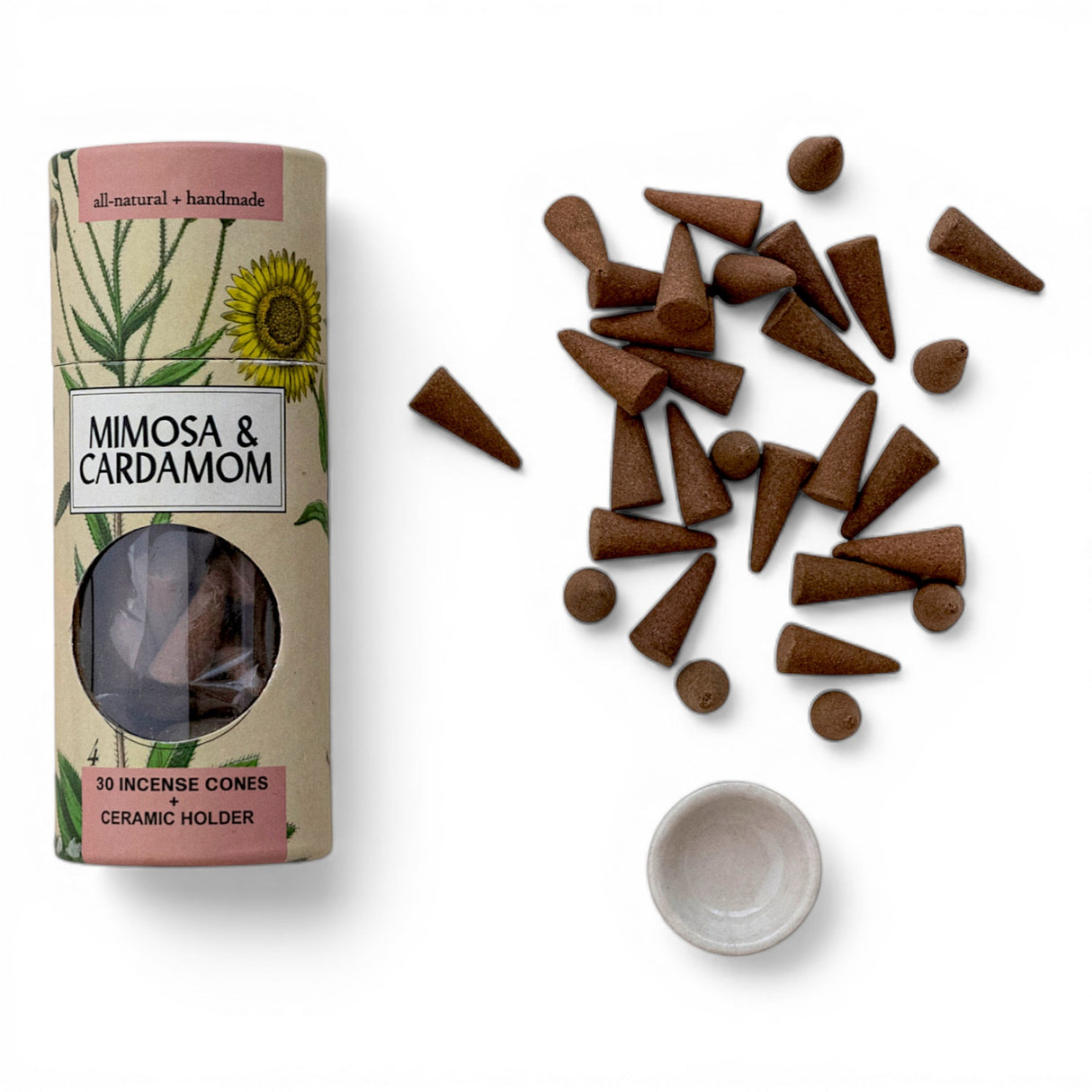 Mimosa and cardamom incense cones with ceramic holder home fragrance gift set