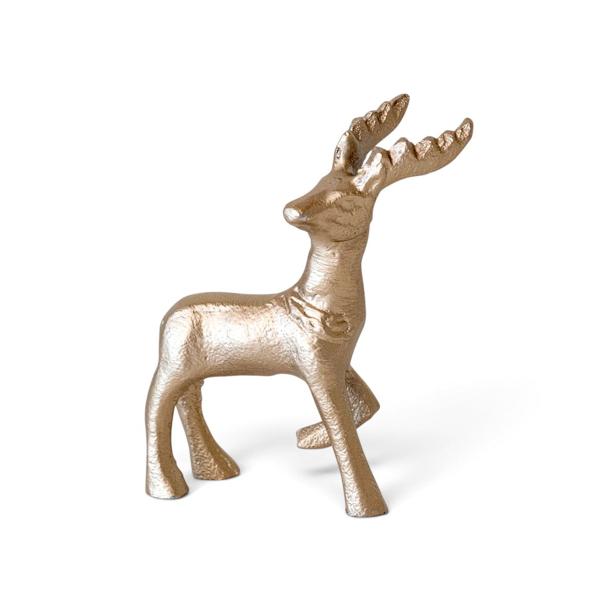 Mini cast aluminum deer with a champagne finish, sculpted antlers, and one raised front leg, measuring 3 inches tall.