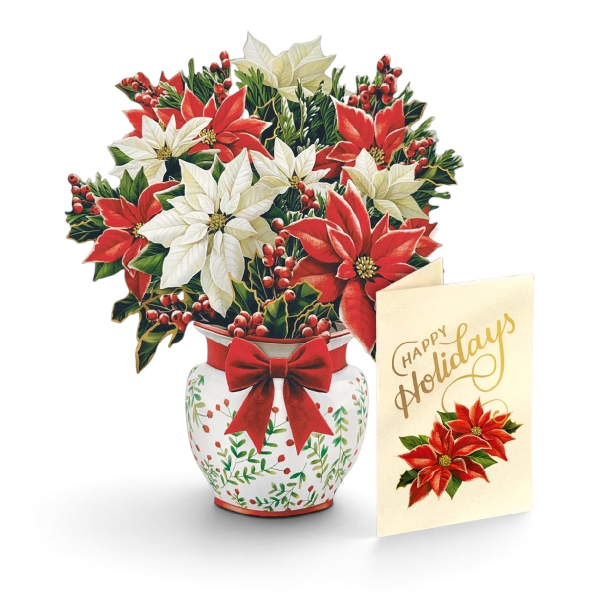 Mini Festive Poinsettia pop-up Christmas card with red and white poinsettias, holly, berries, and holiday vase