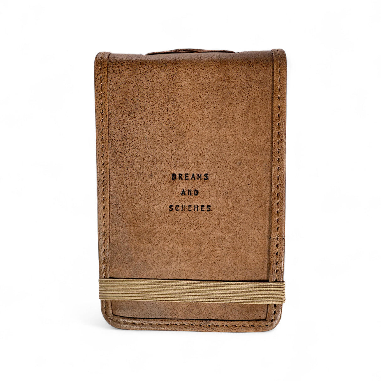 Mini leather journal with “Dreams and Schemes” quote and elastic band closure