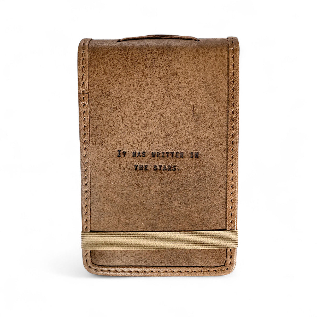 Mini leather journal with “It Was Written in the Stars” quote and elastic band closure