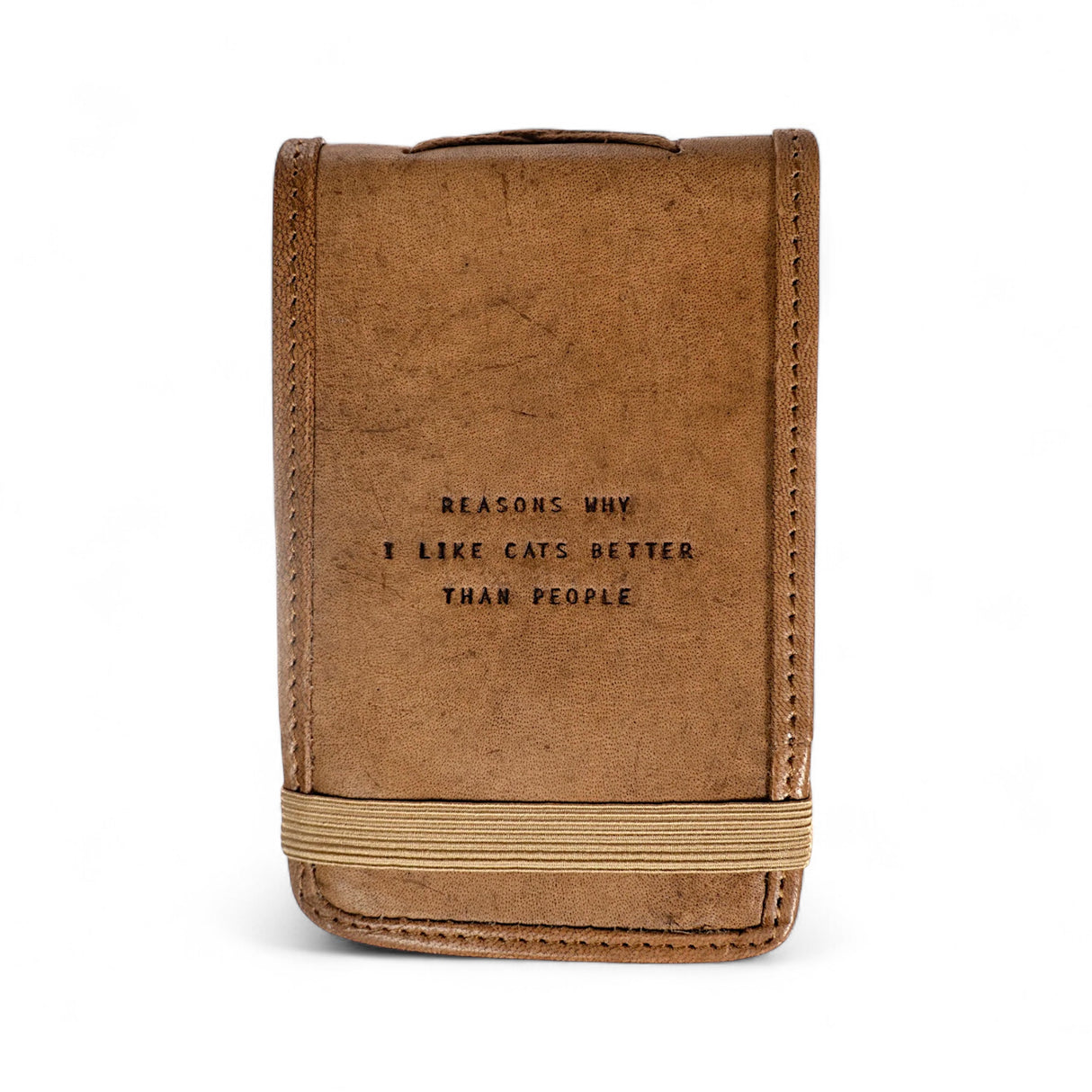 Mini leather journal with “Reasons Why I Like Cats Better Than People” quote and elastic band closure