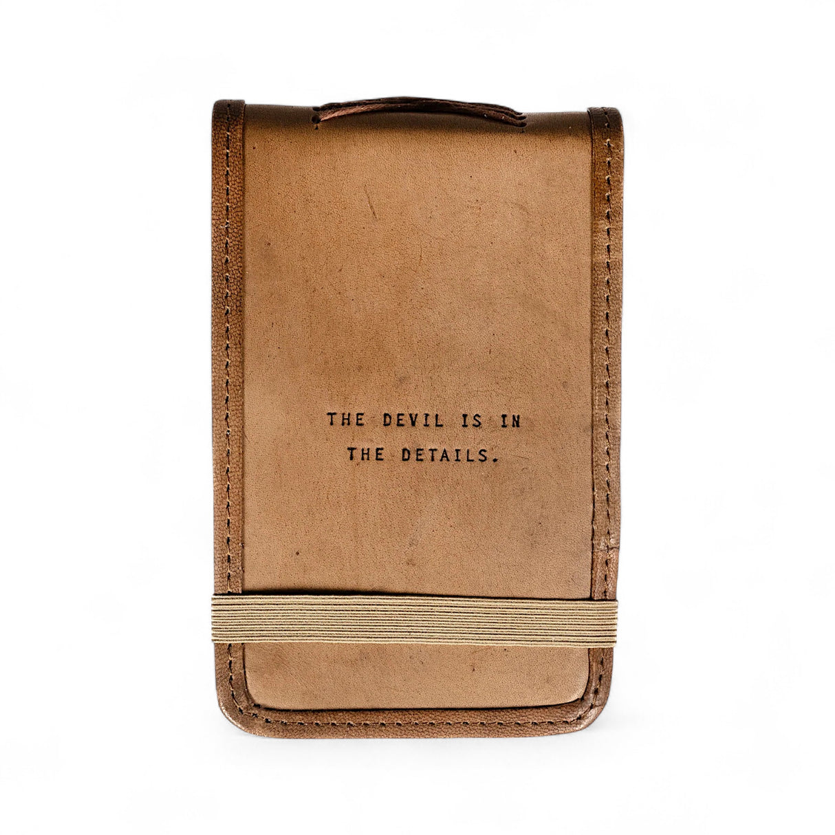Mini leather journal with “The Devil Is in the Details” quote and elastic band closure