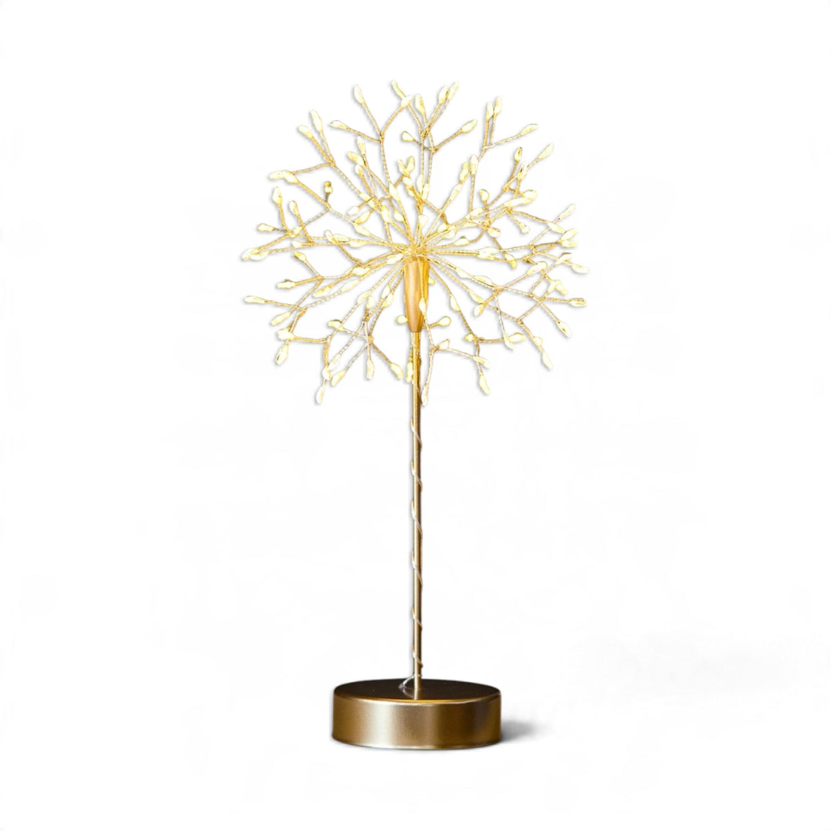Mini freestanding dandelion light with 120 warm white LEDs, available in silver or gold, measuring 11 inches tall.