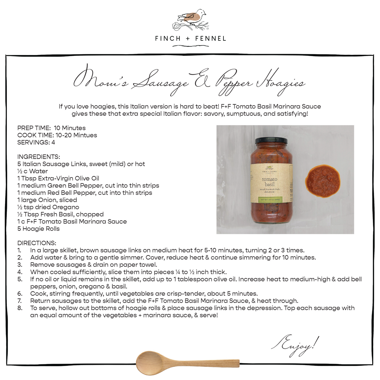 Sausage and pepper hoagies made with Finch + Fennel Tomato Basil Marinara Sauce