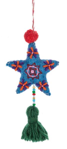 Wool Felt Embroidered Star with Tassle Ornament | 4 Colors