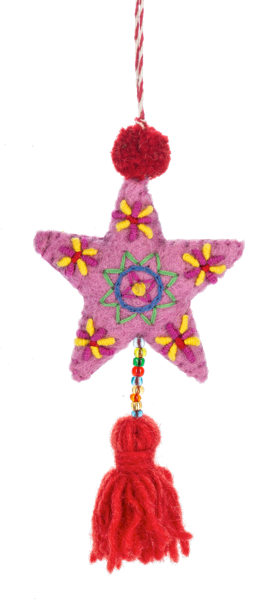 Wool Felt Embroidered Star with Tassle Ornament | 4 Colors