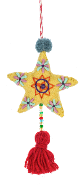 Wool Felt Embroidered Star with Tassle Ornament | 4 Colors