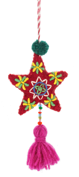 Wool Felt Embroidered Star with Tassle Ornament | 4 Colors