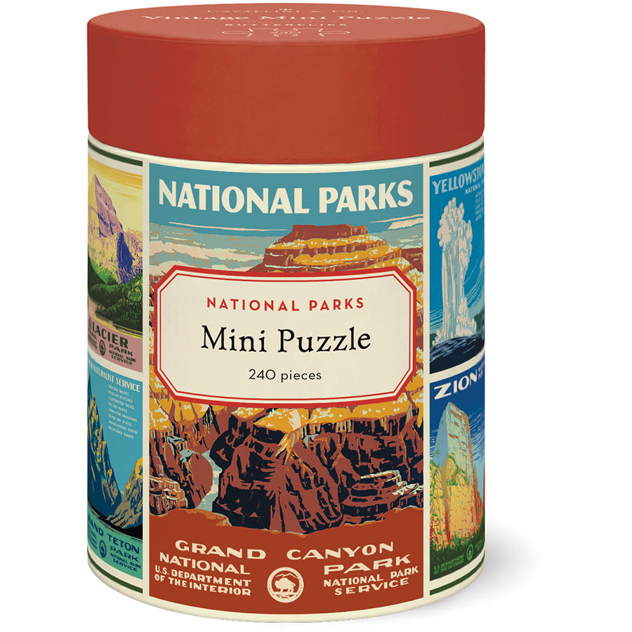 240-piece mini puzzle featuring vintage National Park posters, packaged in a red and cream tube