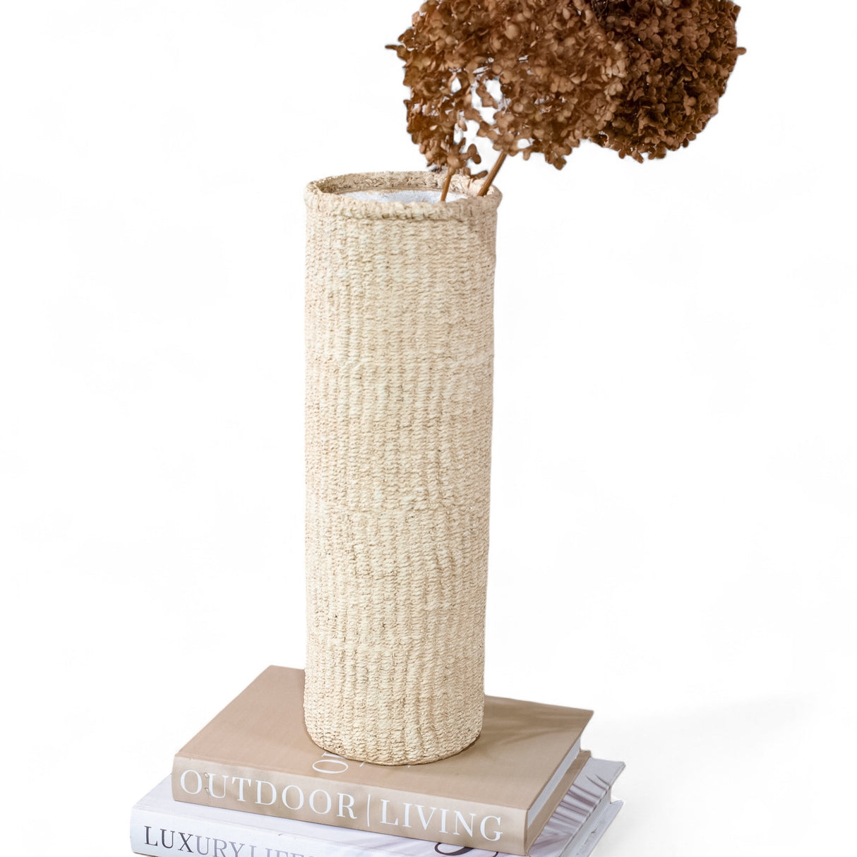Tall cylindrical cement vase with natural woven textures