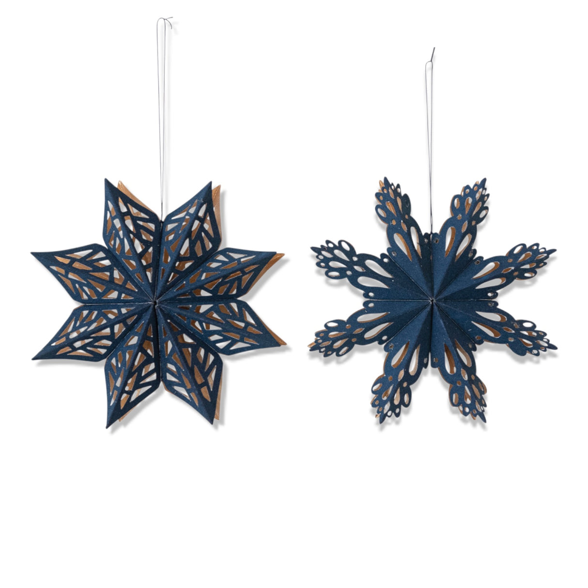 Navy and gold recycled paper snowflake ornaments in two styles, 6 inches tall
