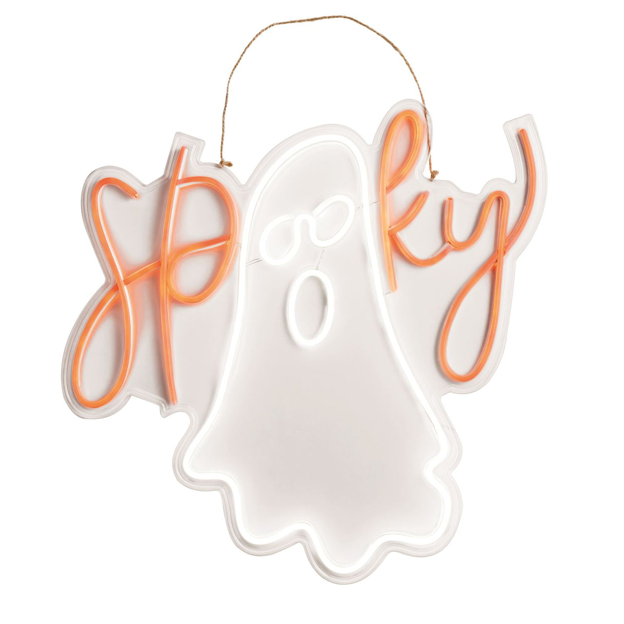 Neon ghost "Spooky" LED door hanger in orange and white with jute rope for hanging