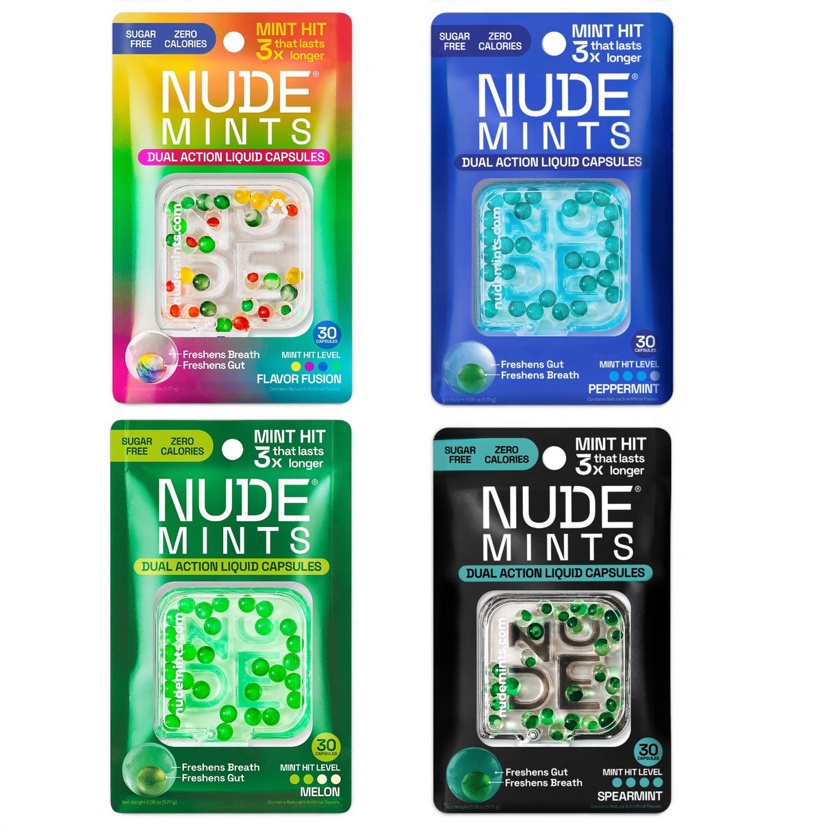 NUDE Mints dual action liquid capsules in peppermint, spearmint, melon, and flavor fusion for breath and digestive freshness