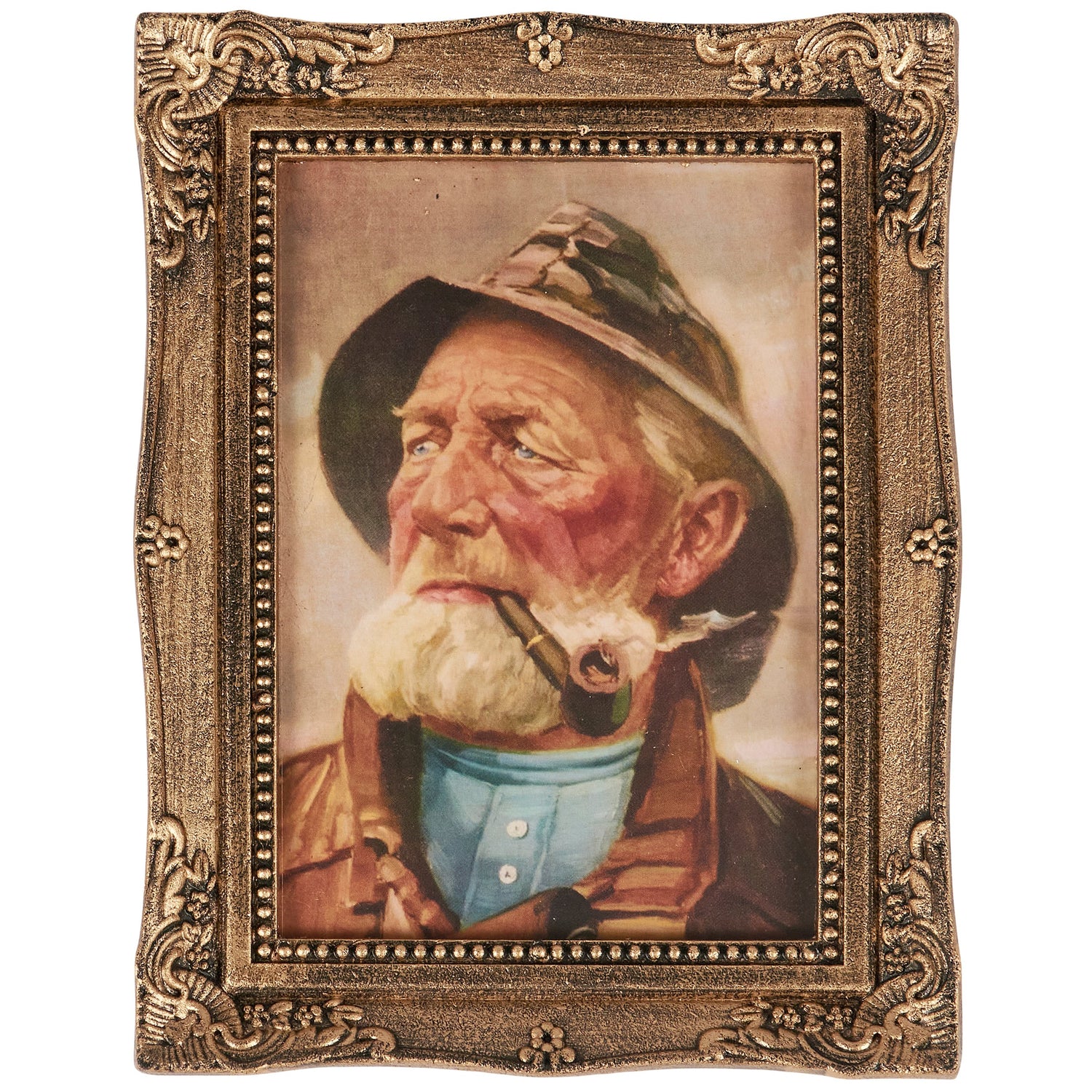 Framed wall art of old fisherman with pipe in ornate gold frame