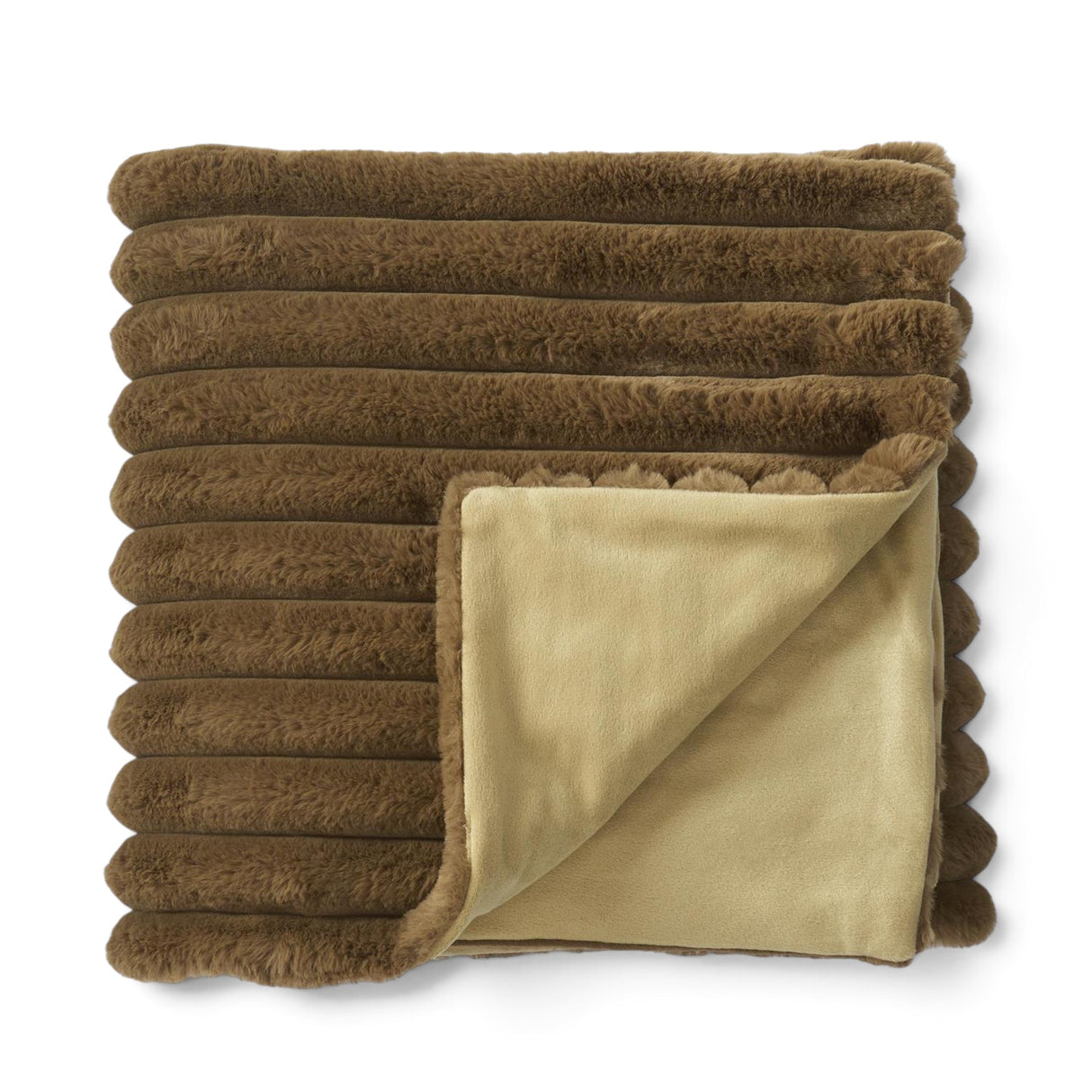 Olive green faux fur throw blanket with wide plush ribbing and a smooth coordinating reverse