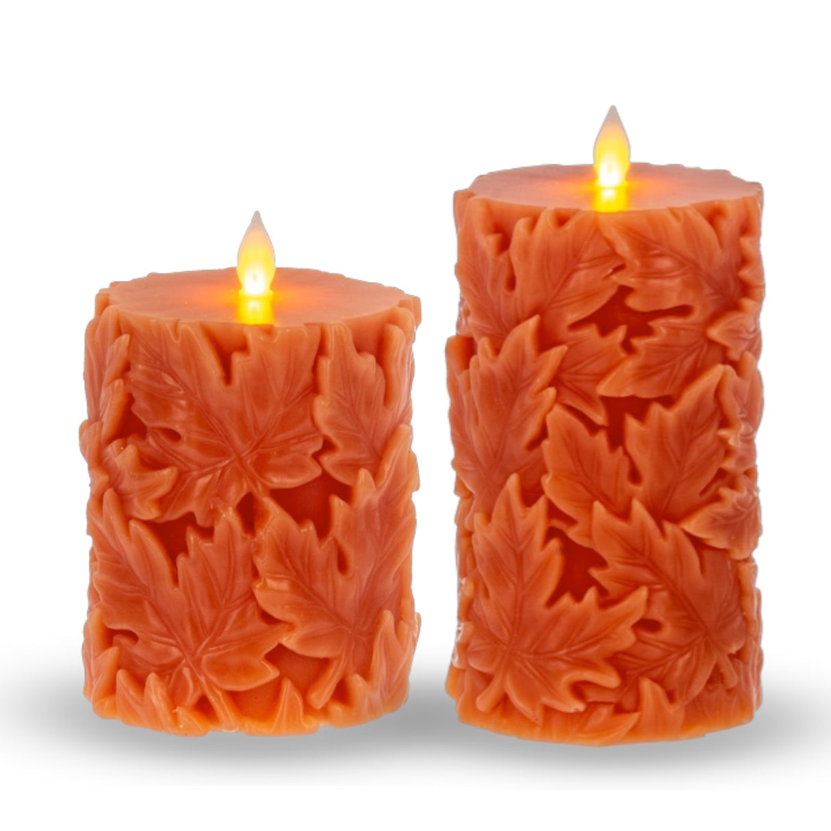 Orange LED pillar candle with engraved maple leaf design and glowing 3D flame