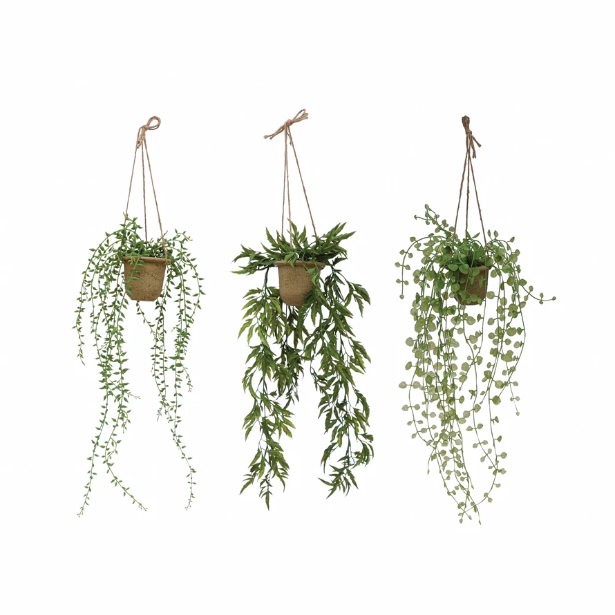 Hanging Faux Ivy/Succulent in Paper Mache Pot with Jute Hanger