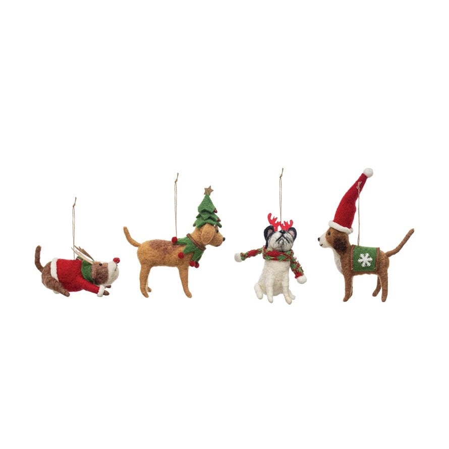 Wool Felt Dog Ornaments in Christmas Outfits