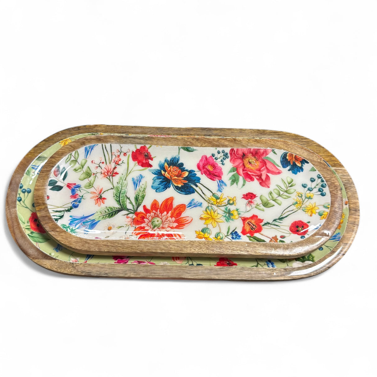 Oval tray with colorful floral enamel interior and wood rim, styled on countertop
