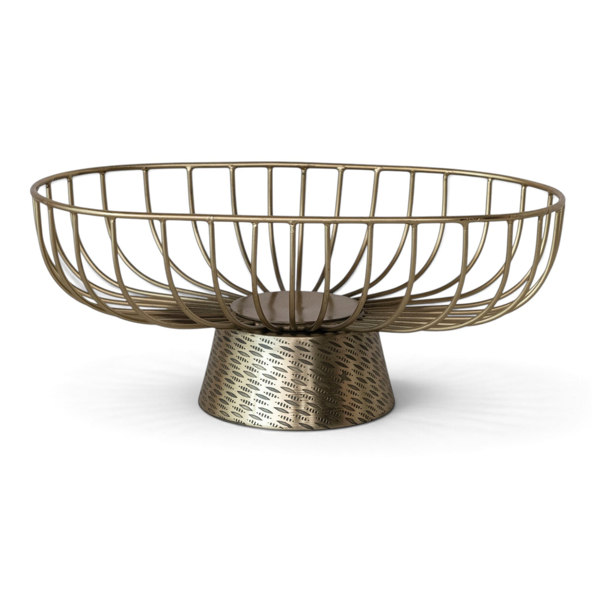 Oval gold metal wire bowl with curved open sides and an embossed pedestal base