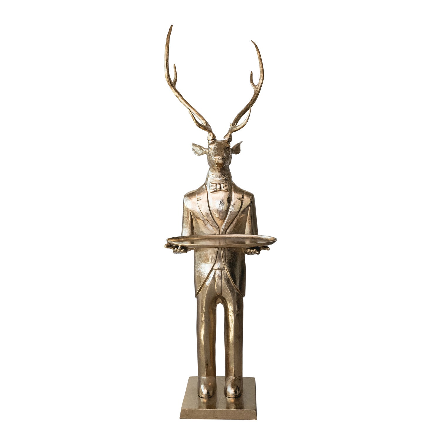 Oversized cast aluminum deer butler figure with gold finish holding tray