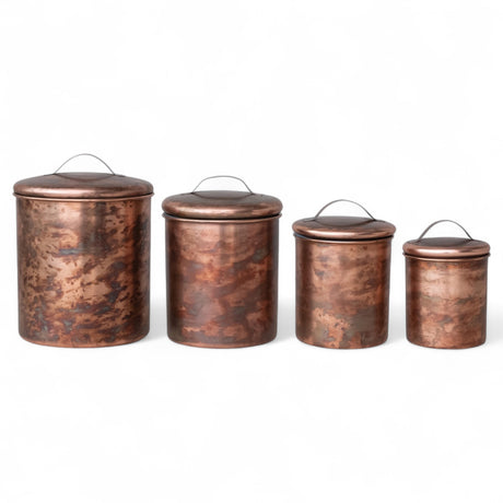 Set of oxidized copper stainless steel canisters with lids in four sizes