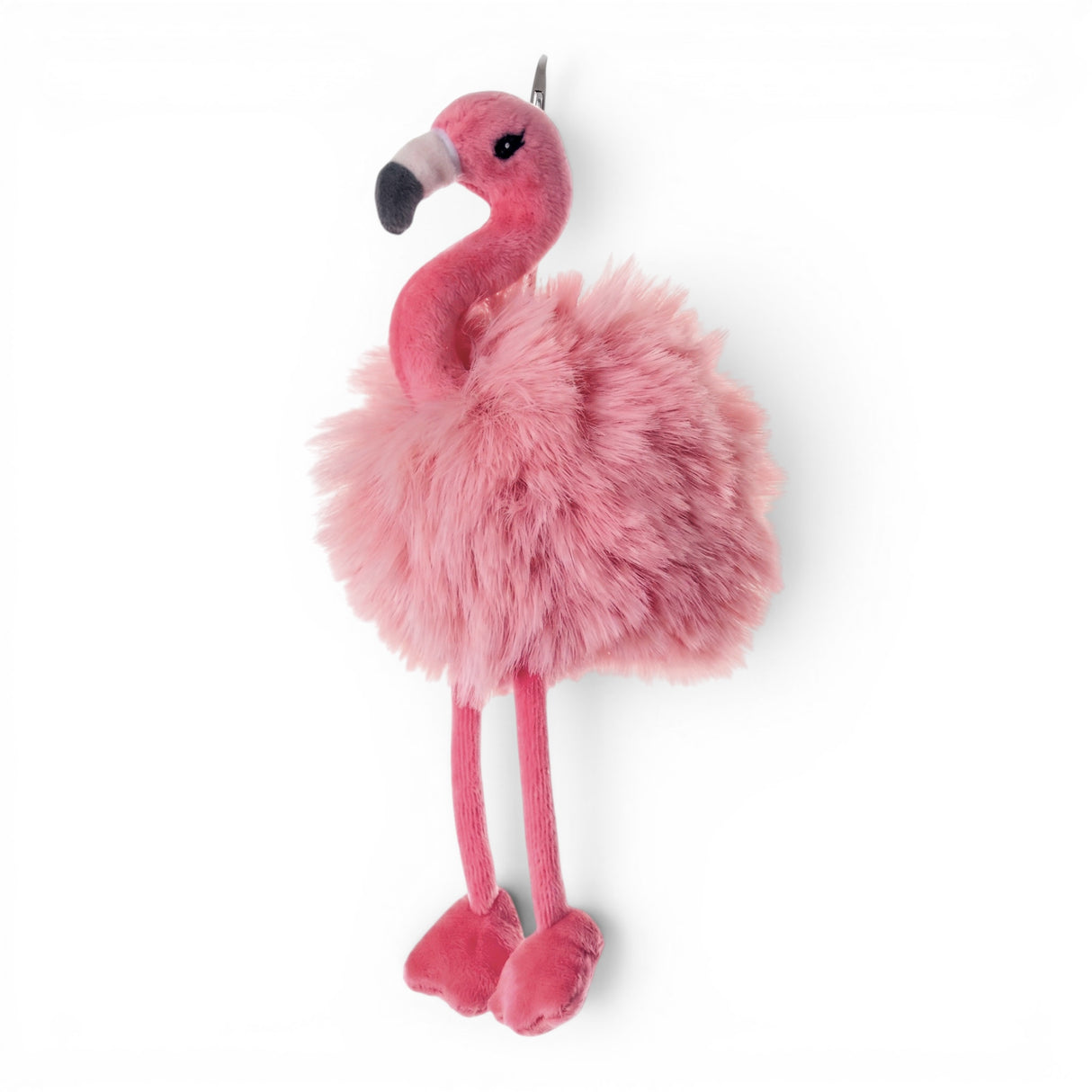Pink flamingo plush bag charm with fluffy feathers and clip attachment for backpacks, purses, and tote bags