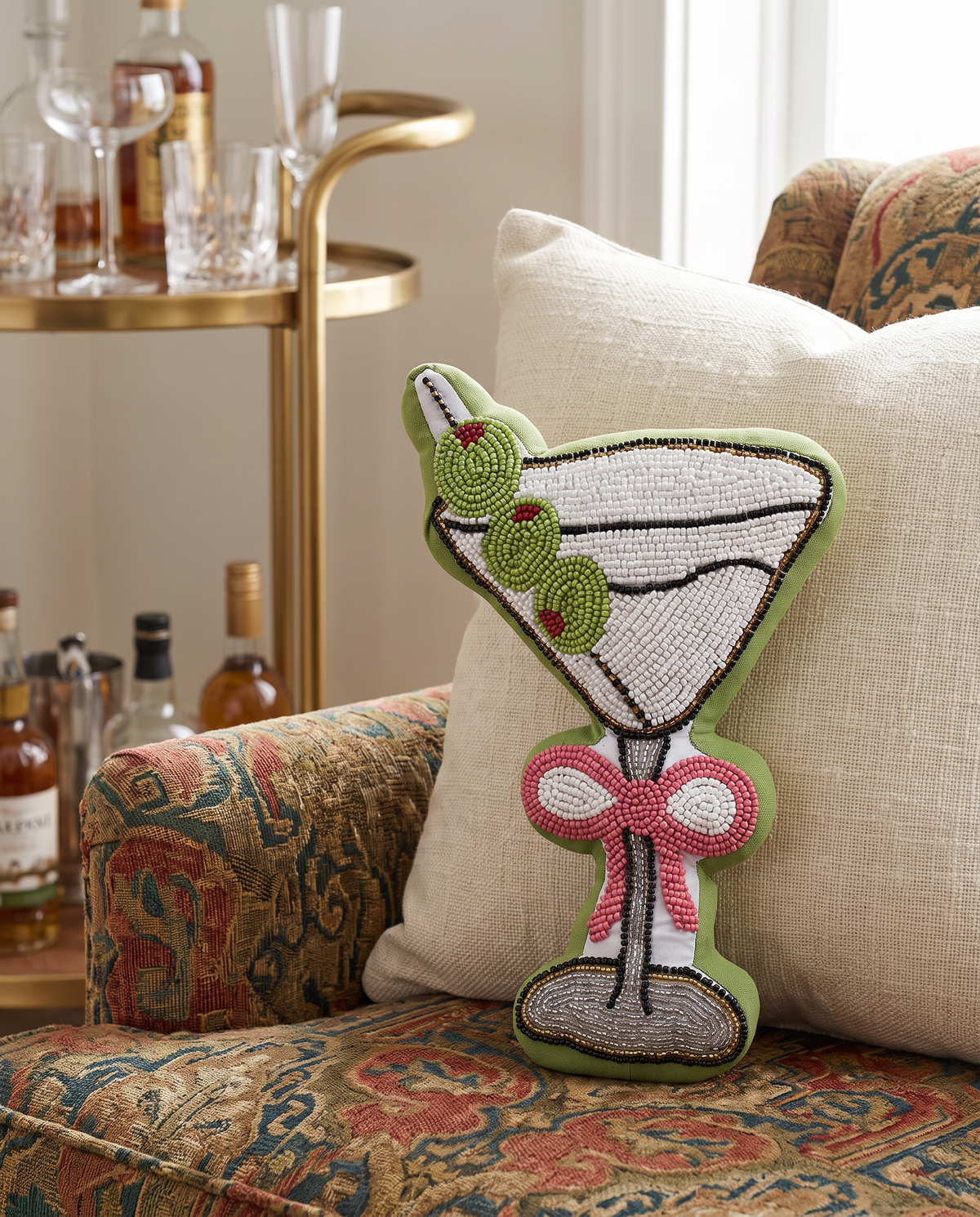 Beaded Martini Pillow with Pink Bow