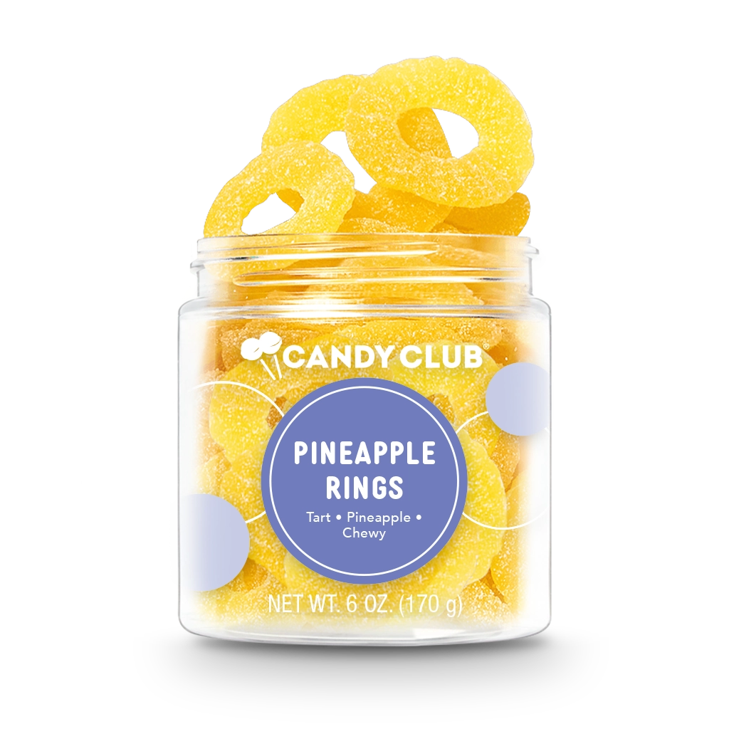 Clear cup filled with yellow pineapple ring gummies, labeled Pineapple Rings with tart and chewy flavor description