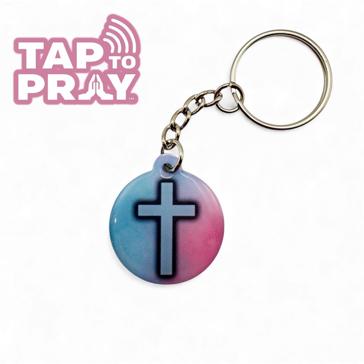 pink blue tap to pray bible verse keychain