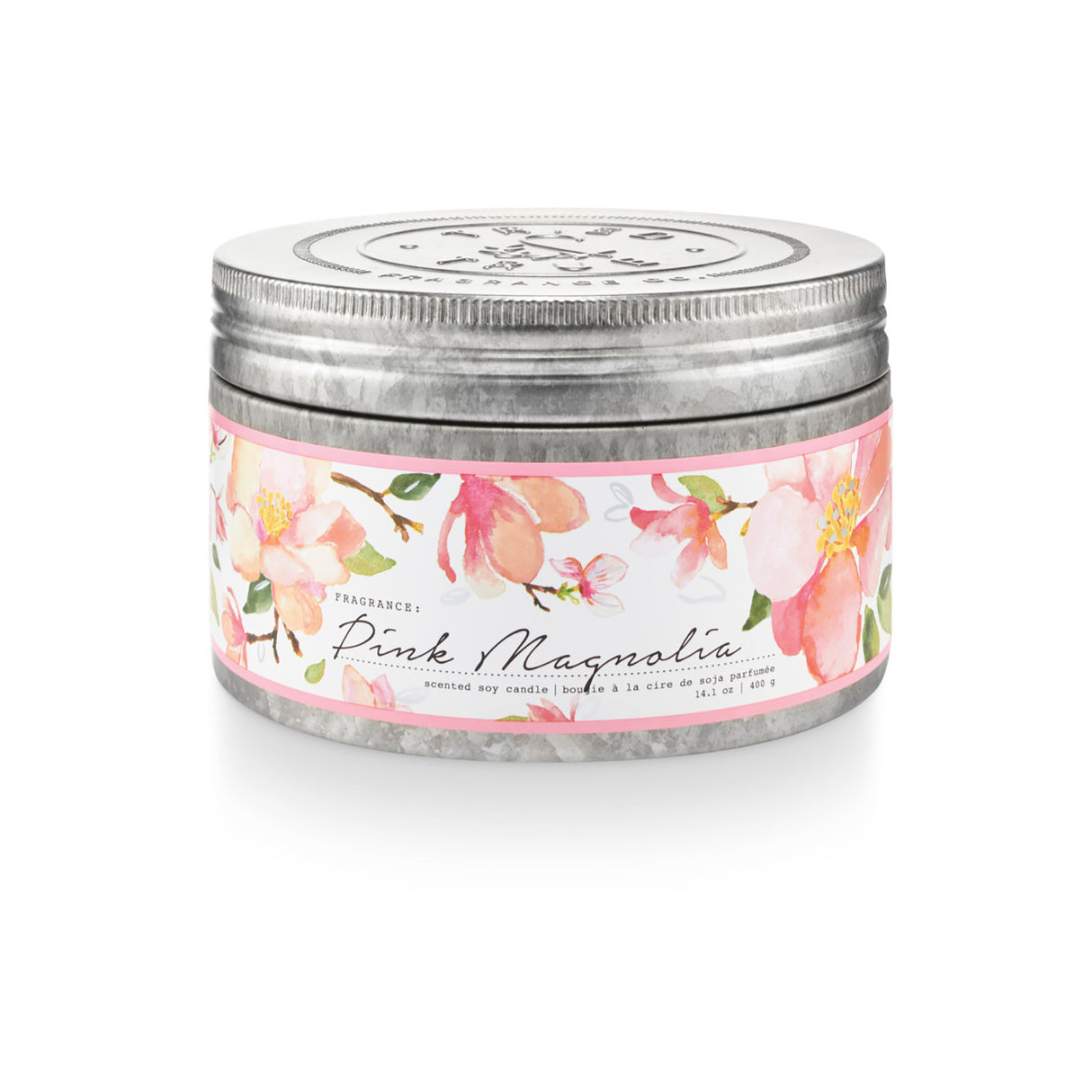 14.1 oz Pink Magnolia scented soy candle in a galvanized tin with floral wrap and embossed lid, featuring notes of pink magnolia, jasmine, and amber