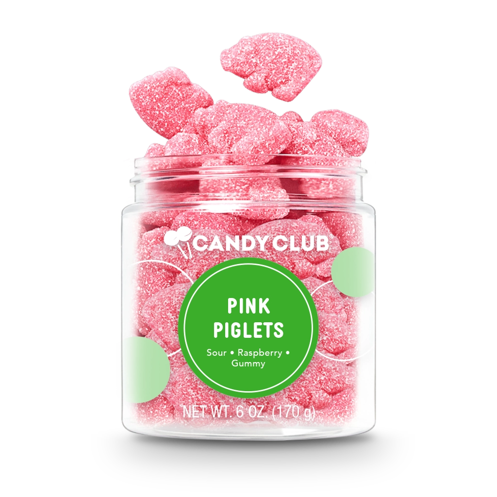 Pink pig-shaped sour raspberry gummy candies coated in sugar inside a clear Candy Club jar, 6 oz small cup