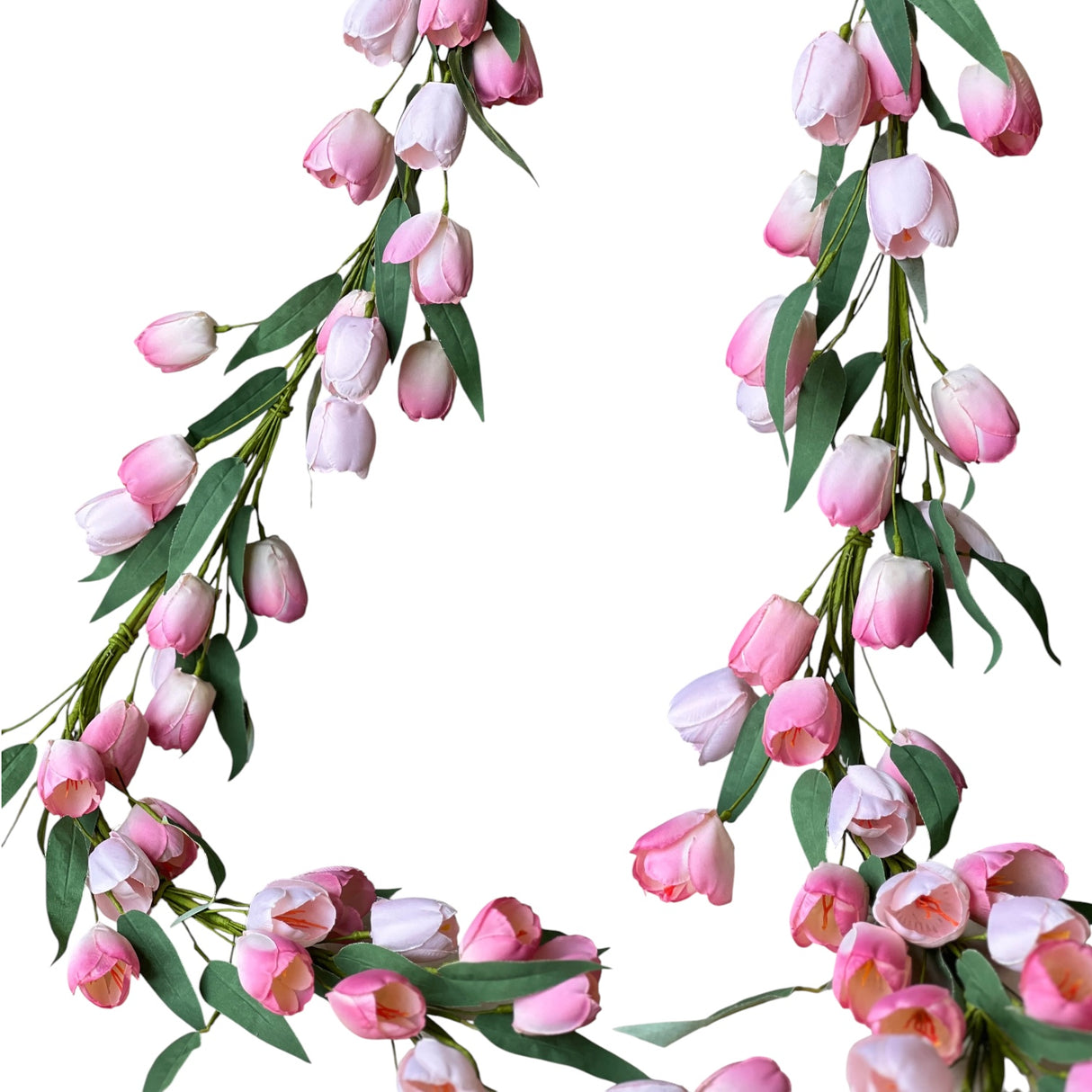 Pink tulip garland for spring decorating, faux floral garland with blush tulips for mantel, table, and shelf styling