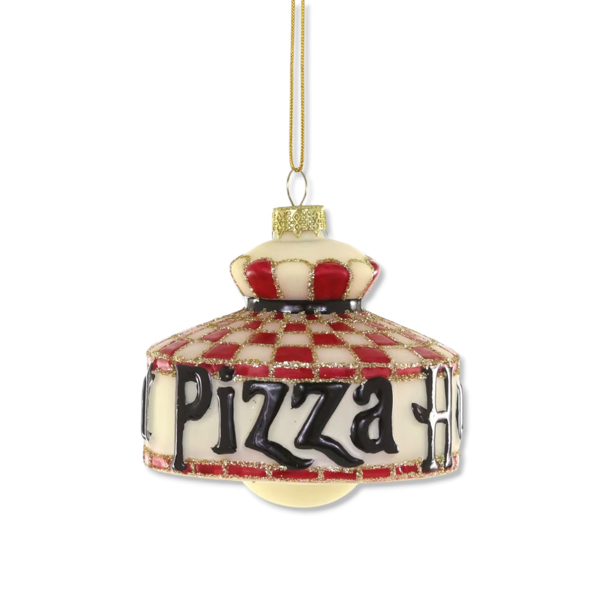 Glass pizza restaurant lamp ornament with red and cream checkered pattern by cody foster