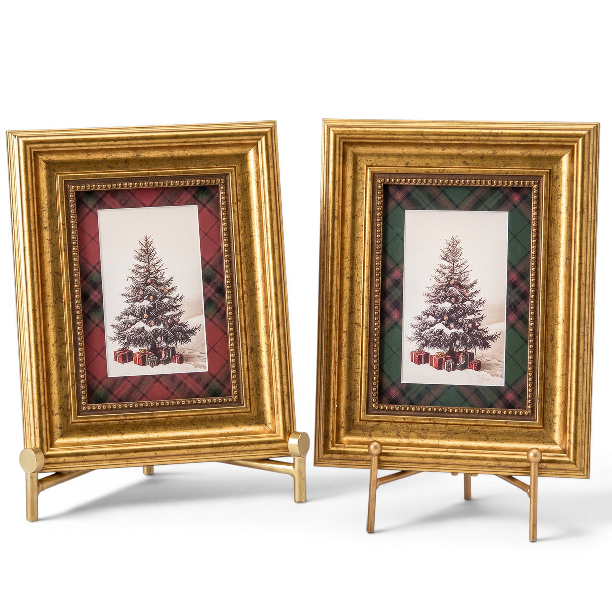 Gold 5 x 7 Christmas photo frames with red and green plaid mats Ralph Lauren