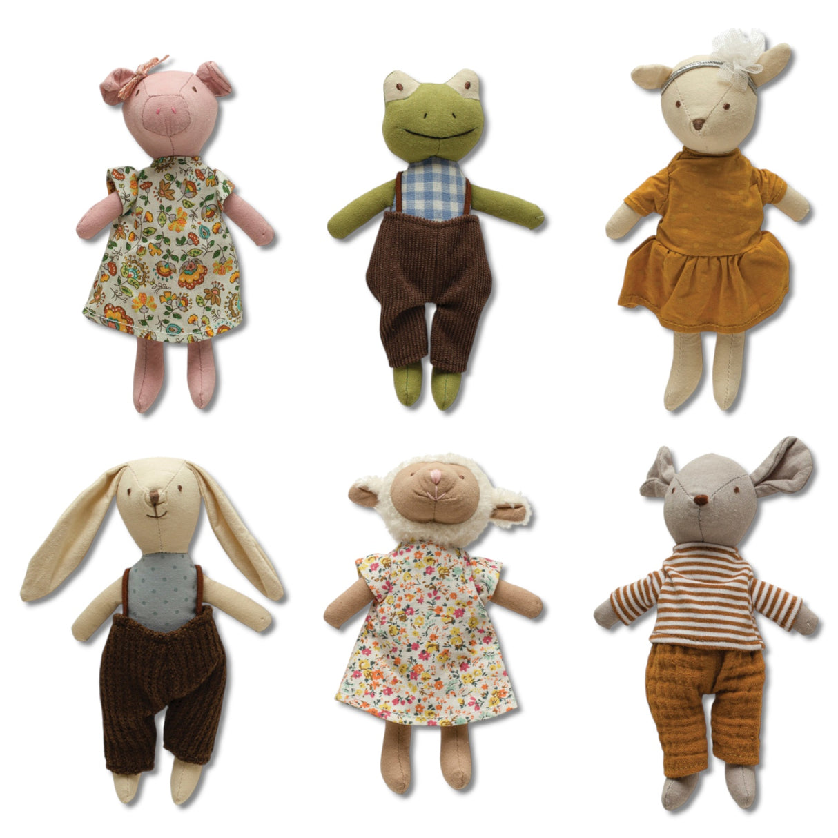 six assorted plush animal toys in fabric clothes including pig, frog, deer, bunny, sheep, and mouse