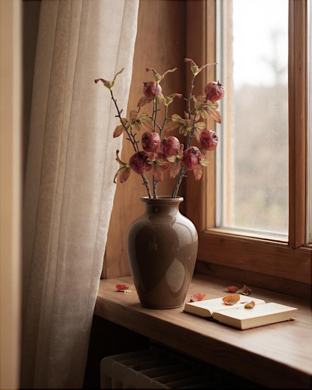 Faux Pomegranate Stem with Leaves