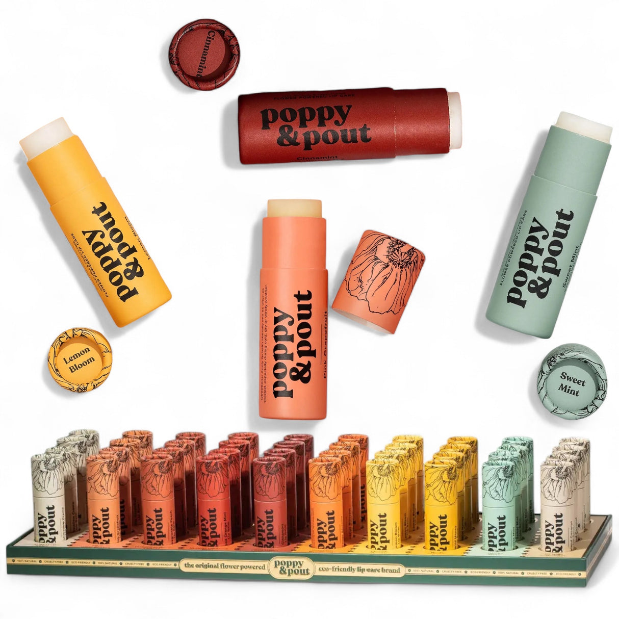 Poppy & Pout all-natural lip balm tubes in 10 flavor variations, eco-friendly packaging